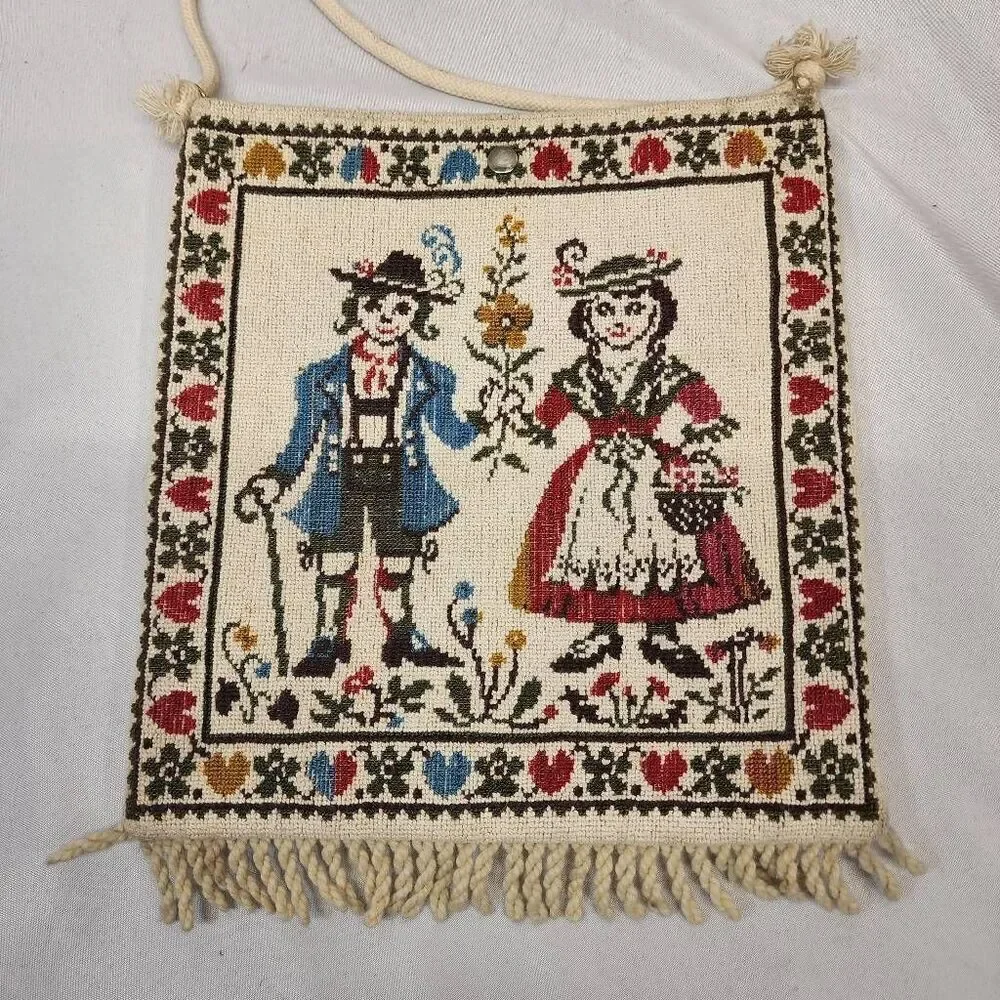 Vintage Tapestry Shoulder Bag – Folk Art Embroidered Purse with Fringe & Rope St